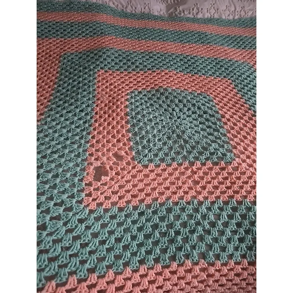 Vtg Handmade Teal Orange Project Tapestry Granny Throw‎ Blanket Afghan 80